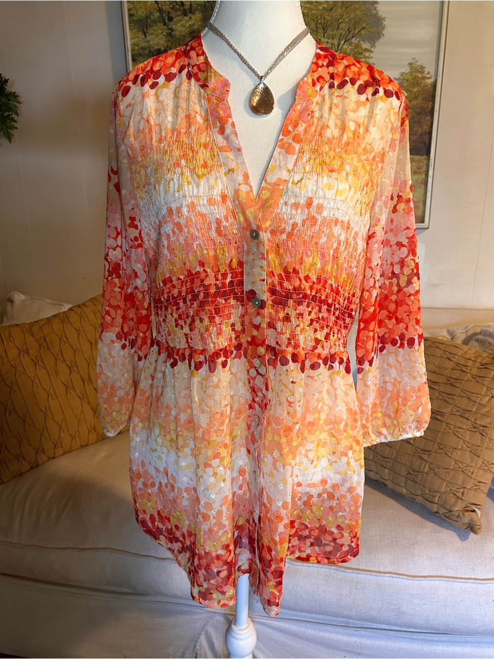 Hope Springs Small Tunic Boho Top Sunset Gradient Sheer Button Up Smock Waist